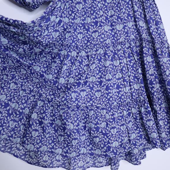 ZARA Printed Puff Sleeve Peasant Mini Dress Blue Tassel Tie Smocked Women's S - Picture 6 of 10